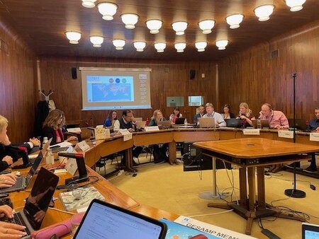 Photo of GESAMP meeting taking place inside a room with wooden desks and ITOPF presentation slides on a projector